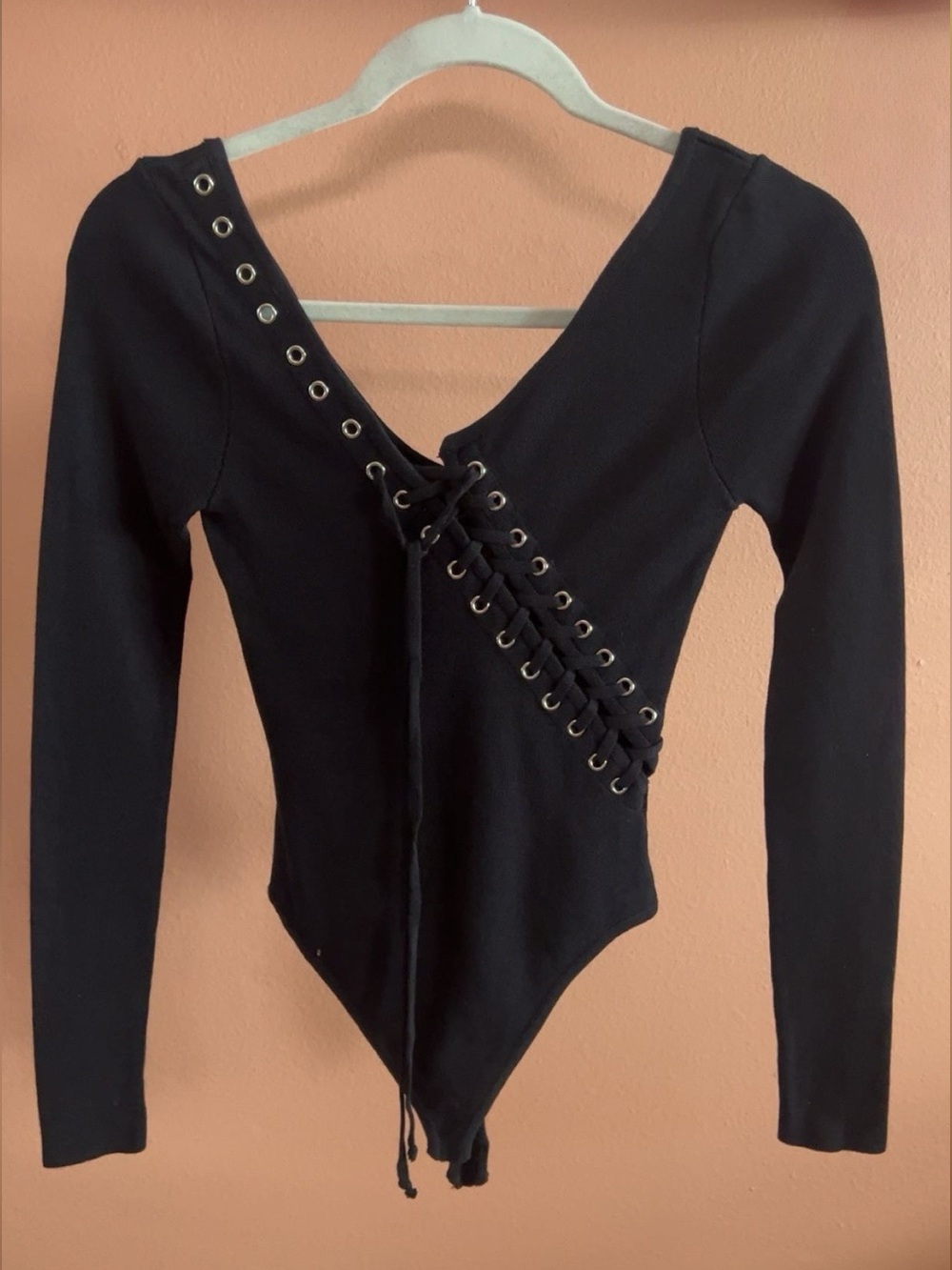 Mijah Black Lace Up Ribbed Bodysuit Long Sleeve Size Small